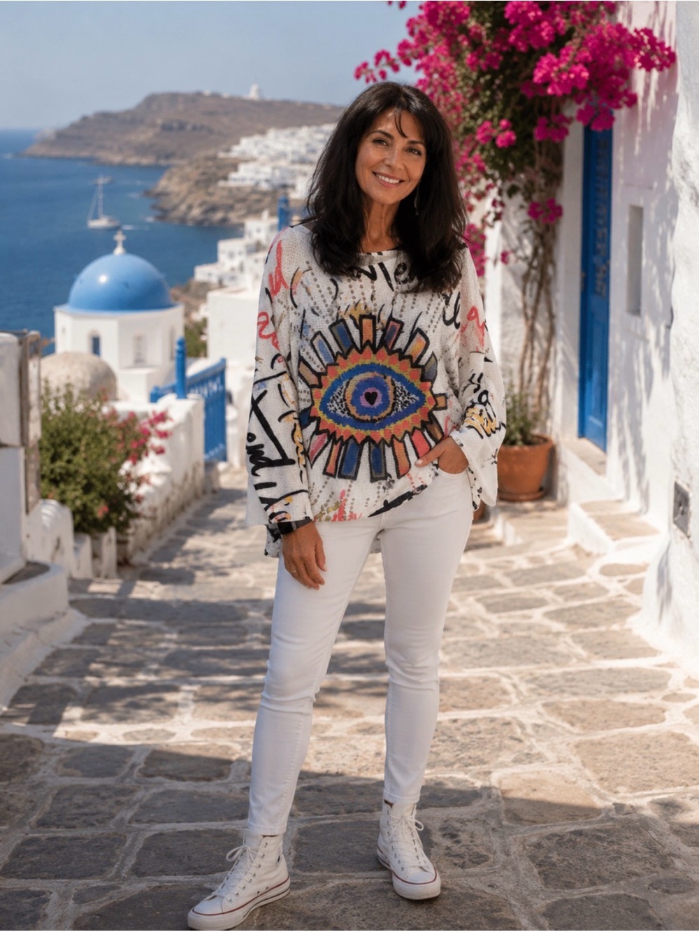 #261 WHITE EVIL EYE SWEATER
